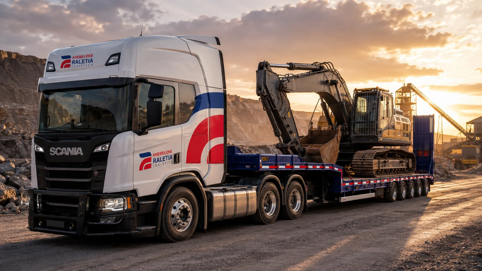 Heavy excavator transported on a lowbed trailer